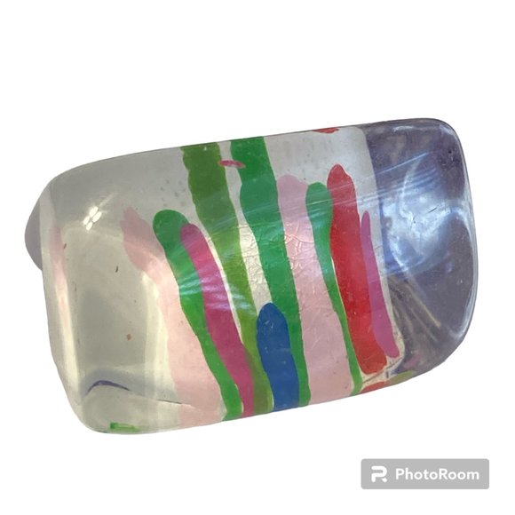 Vintage Jewelry - Vintage Lucite Acrylic Ring Size 6 Retro Abstract Hand Painted Pink Red White